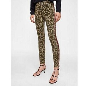 Zara Woman Premium Brown Leopard Print With Velvet Side Stripe Skinny Jeans Size